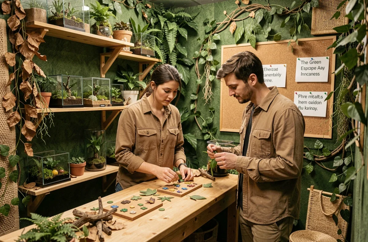 Joueurs explorant les énigmes végétales et naturelles de The Green Escape Game