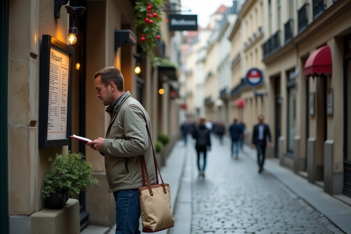 Touriste découvrant un menu de restaurant artisanal dans une ruelle pavée du centre de Bruxelles