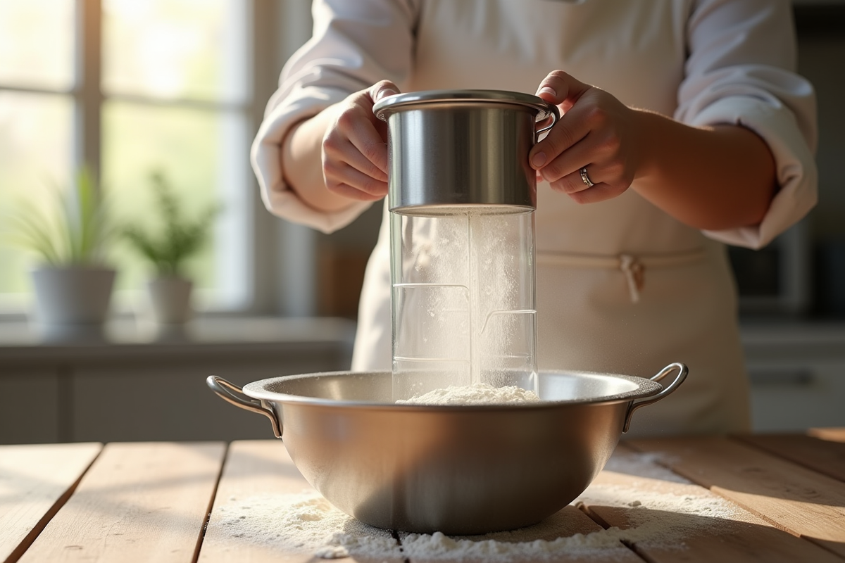 Mains transférant la farine dans un pichet en verre avec lumière naturelle