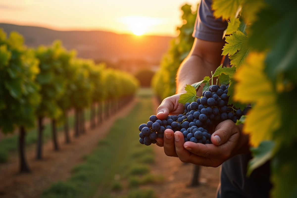 Vendangeur récoltant des raisins au lever du soleil dans un vignoble