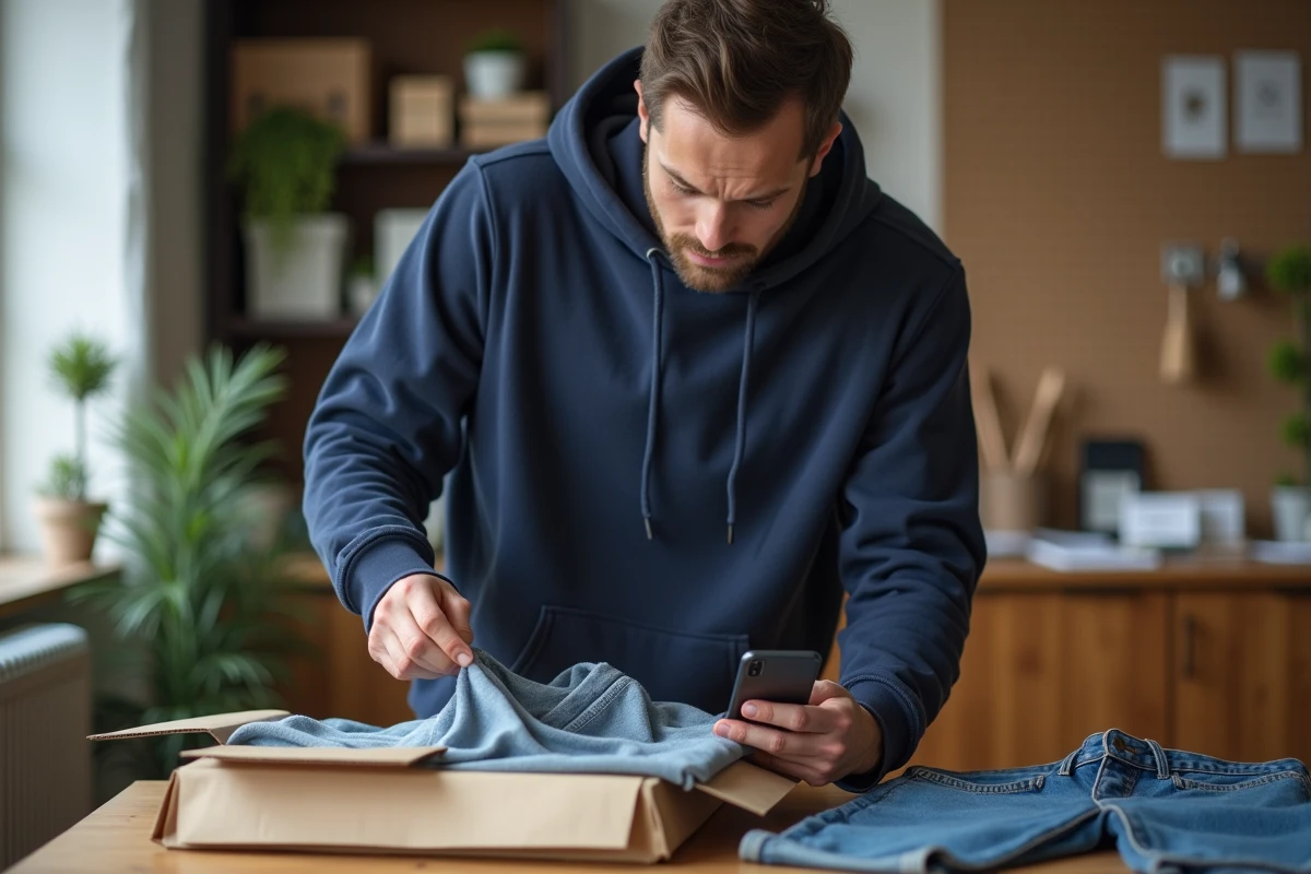 Vendeur Vinted préparant un colis tout en consultant une réclamation acheteur sur son téléphone