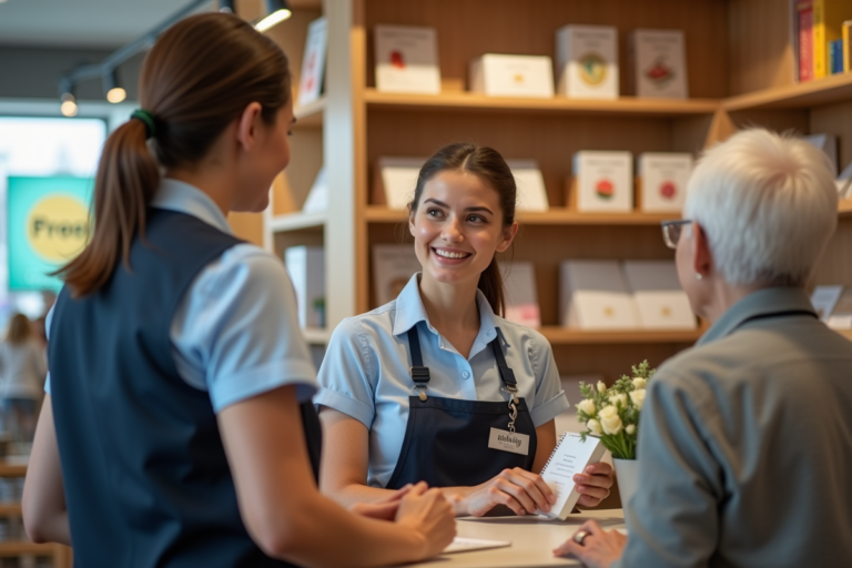 Vendeuse souriante aidant un client âgé en magasin