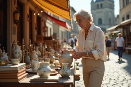 Femme examinant un vase ancien sur un stand de vide grenier dans une place de village en Yvelines