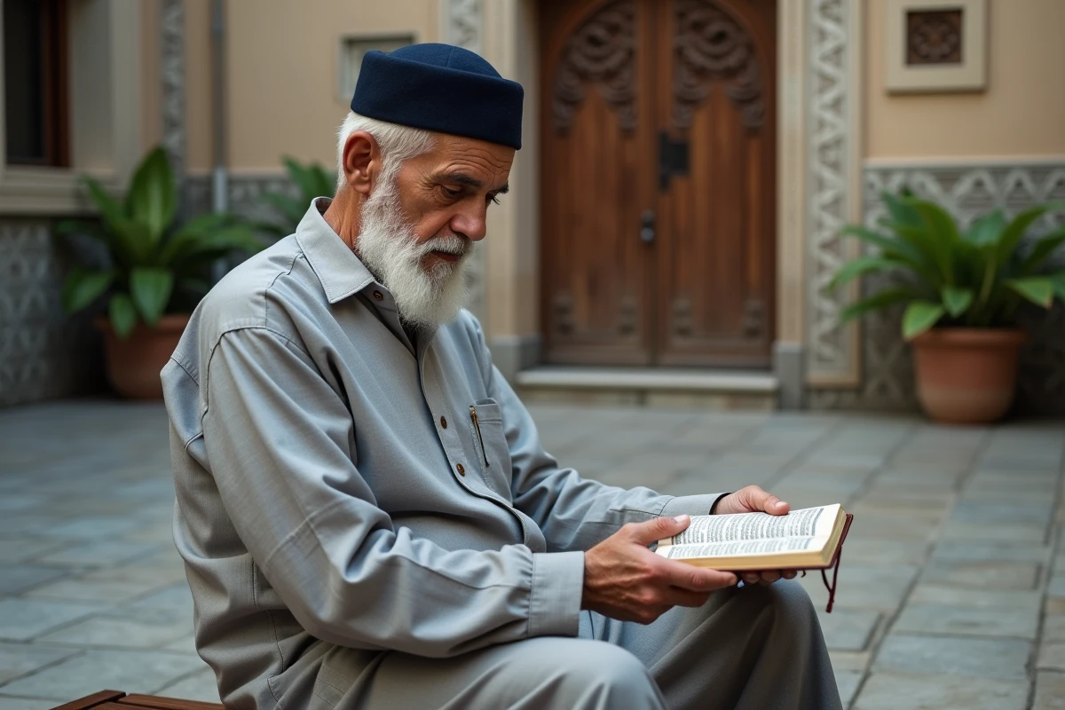 Homme âgé tenant un petit Coran avec un marque-page de juz dans une cour de mosquée, assis sur un banc en bois entouré de plantes