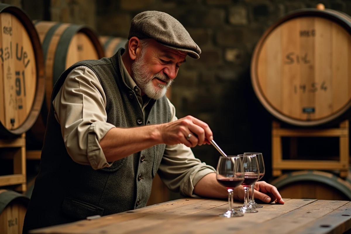 Vigneron âgé versant Armagnac dans une cave en pierre