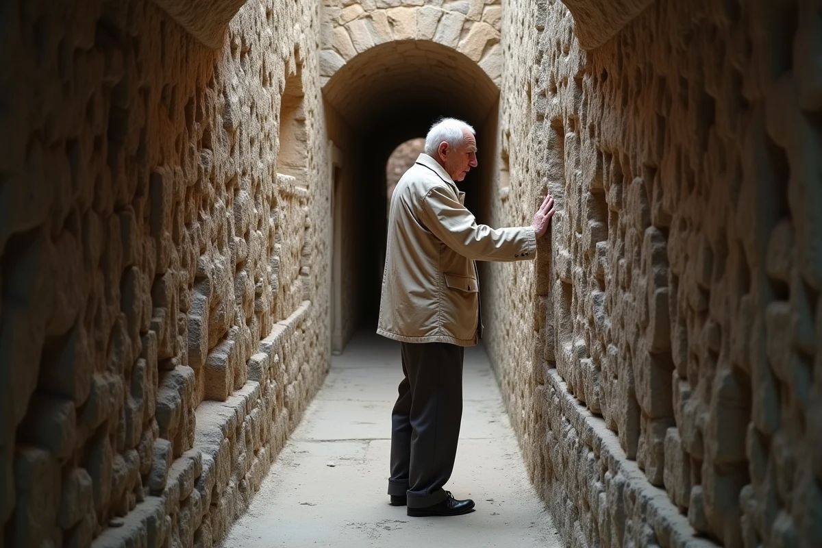 Visiteur contemplant les sculptures intérieures d'un couloir du Palais Idéal du Facteur Cheval, immergé dans l'univers visionnaire de l'œuvre