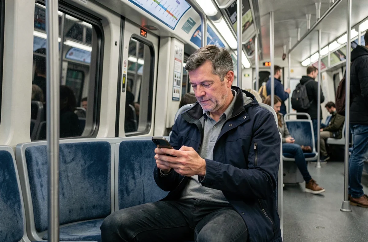 Voyageur consultant son application RER dans un train de banlieue parisienne