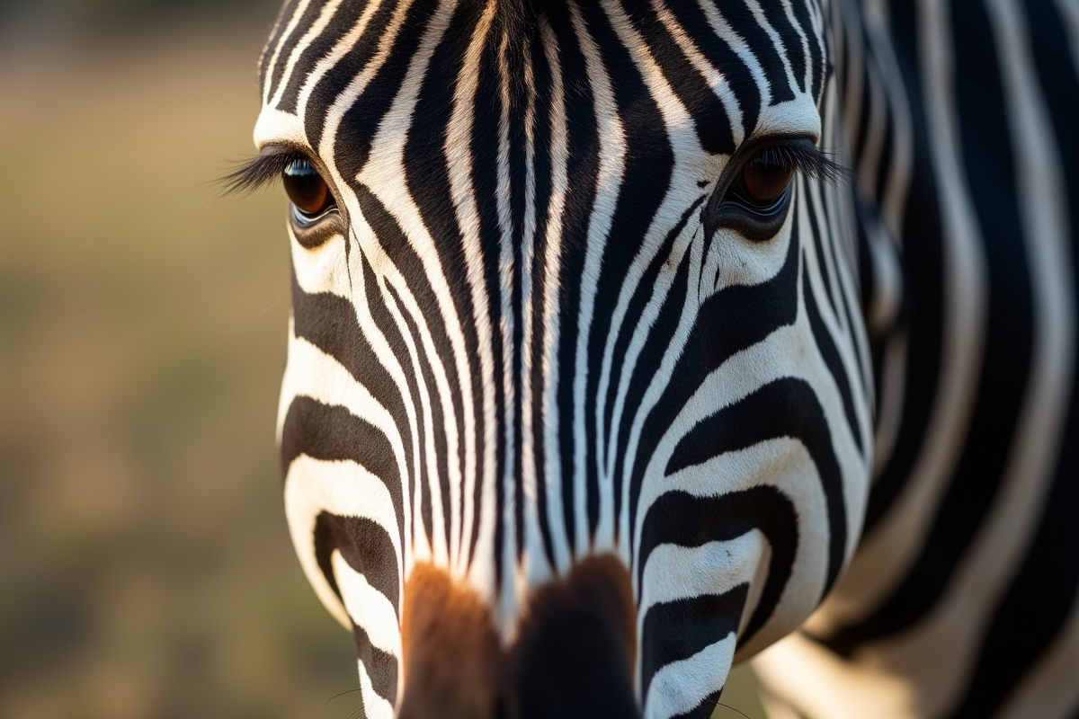 Zoom sur le visage du zebre avec ses rayures noires et blanches